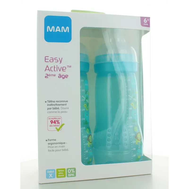 MAM Biberon Easy Active Bleu 2ème Âge 330ml X2 - Univers Pharmacie
