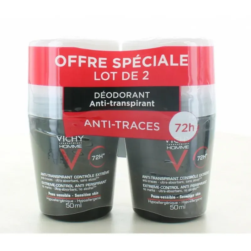 Vichy Homme Déodorant Bille Anti-transpirant Contrôle Extrême 72h 2X50ml