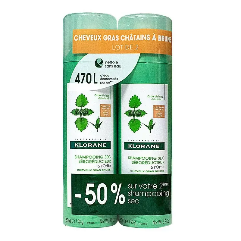 Klorane Shampoing Sec Séboréducteur Cheveux Châtains à Bruns 2x150ml