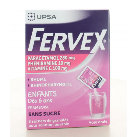 Fervex Rhume Enfants Framboise sans sucre 8 sachets - Univers Pharmacie