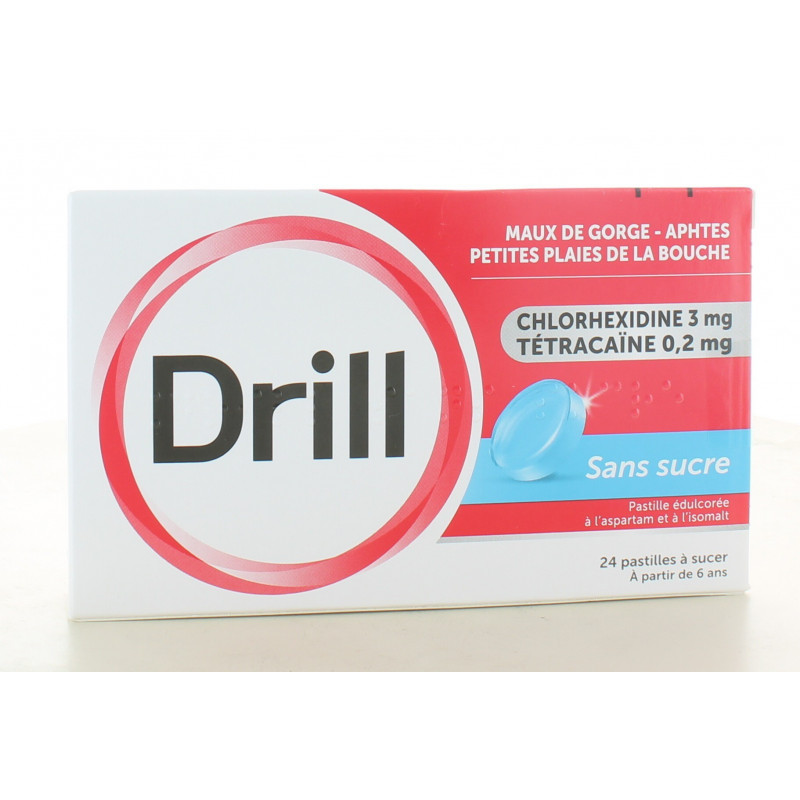 Drill Sans Sucre Maux de Gorge 24 pastilles à sucer