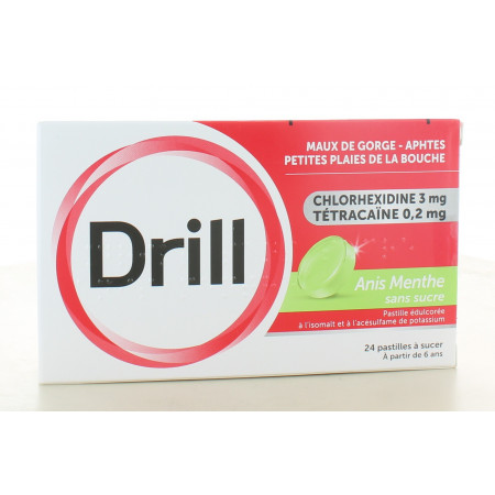 Drill Anis Menthe Sans Sucre Maux de Gorge 24 pastilles à sucer