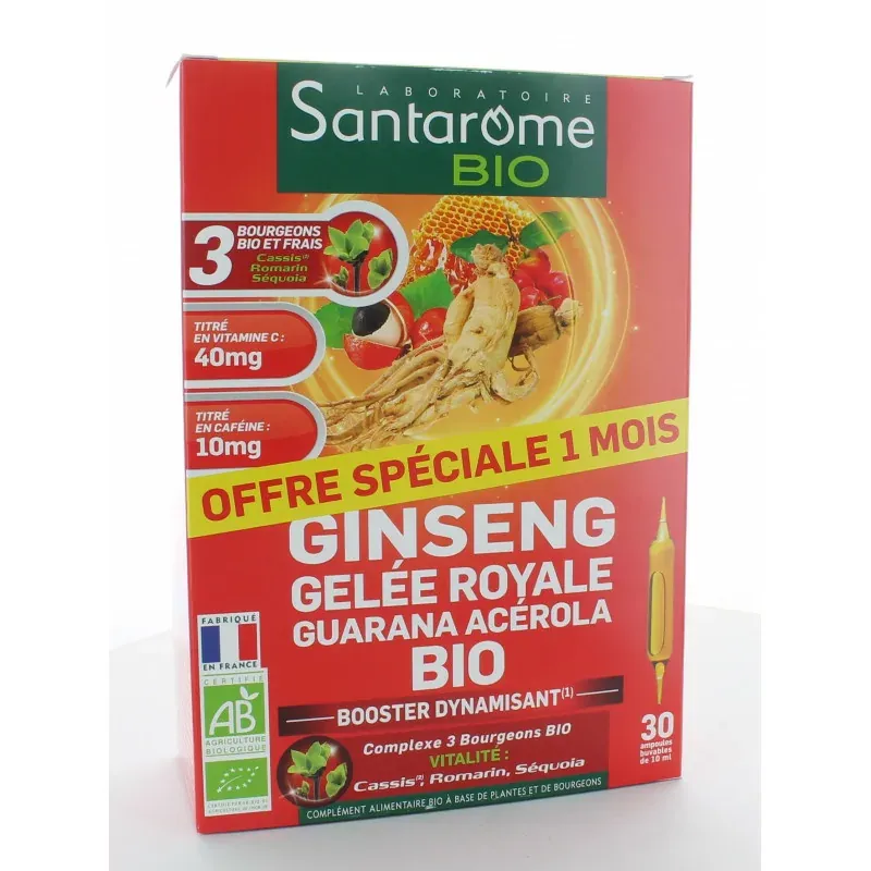 Santarome Bio Ginseng Gelée Royale Guarana Acérola 30 ampoules