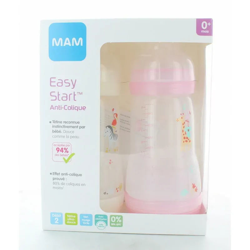 MAM Biberons Easy Start Rose+Blanc 260ml X2