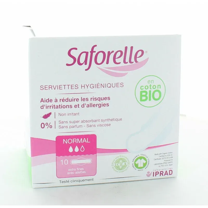 Saforelle Serviettes Hygiéniques Extra-fines Bio avec ailettes x10