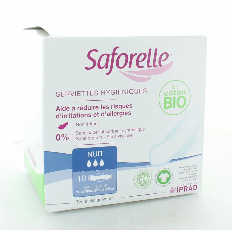 Saforelle Serviettes Hygiéniques Nuit Extra-fines Bio X10