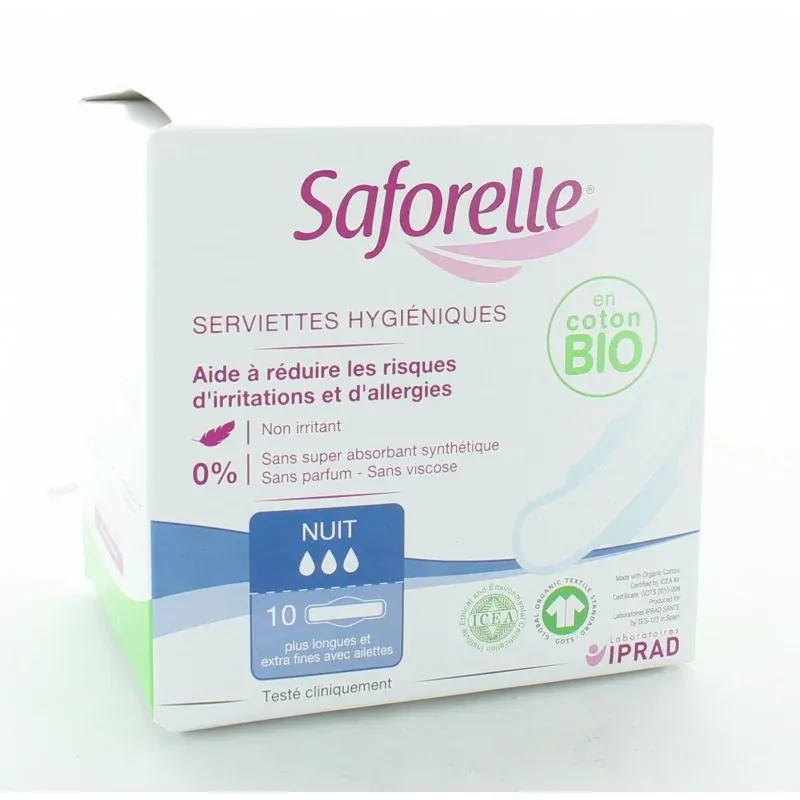 Saforelle Serviettes Hygiéniques Nuit Extra-fines Bio X10