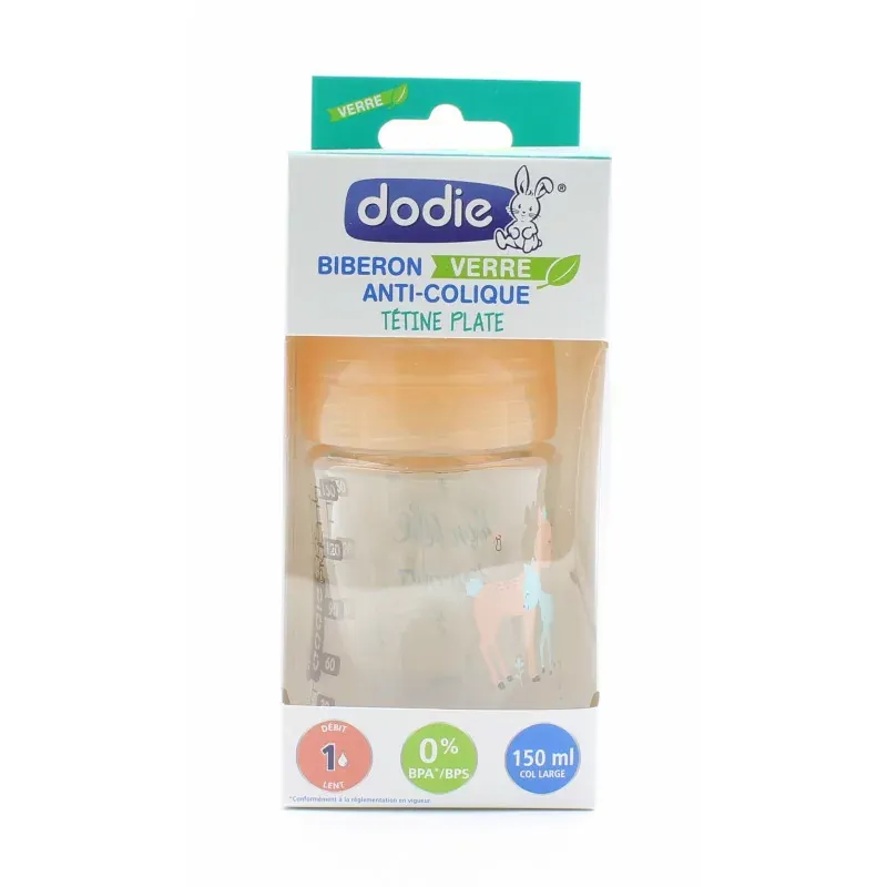 Dodie Biberon en Verre Anti-Colique Tétine Plate 0-6mois Biche 150ml