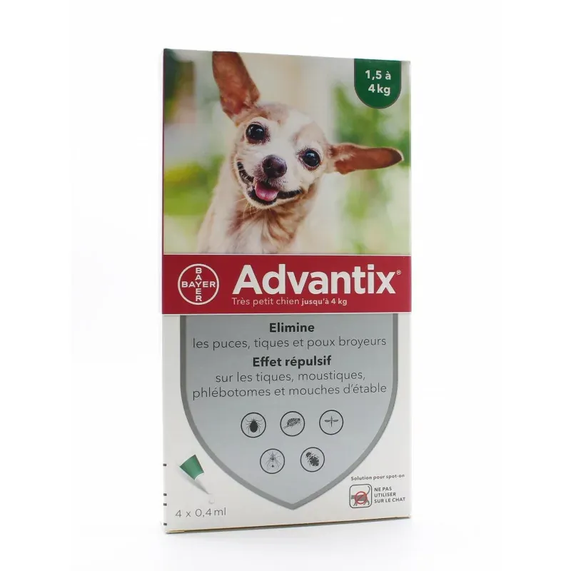 Advantix Très Petit Chien 1,5-4kg Pipettes 4X0,4ml - Univers Pharmacie