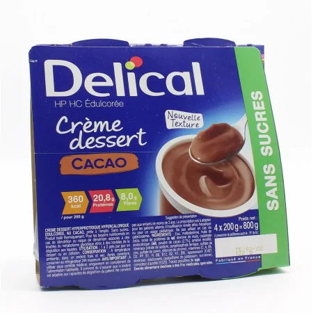 Delical Crème Dessert HP HC Saveur Cacao Sans Sucre 4X200g - Univers Pharmacie