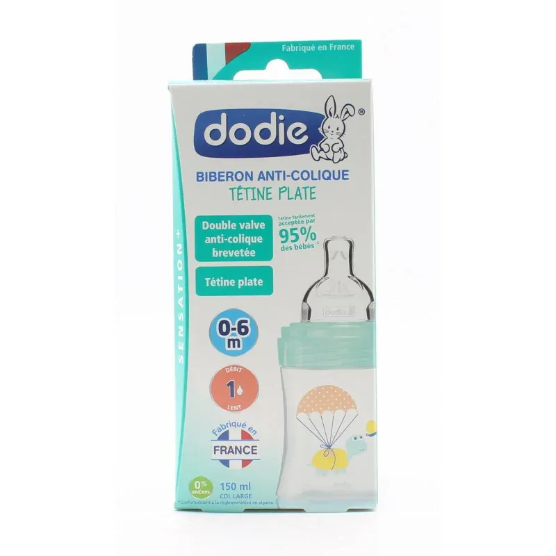 Dodie Biberon Anti-Colique Tétine Plate 0-6mois Tortue 150ml