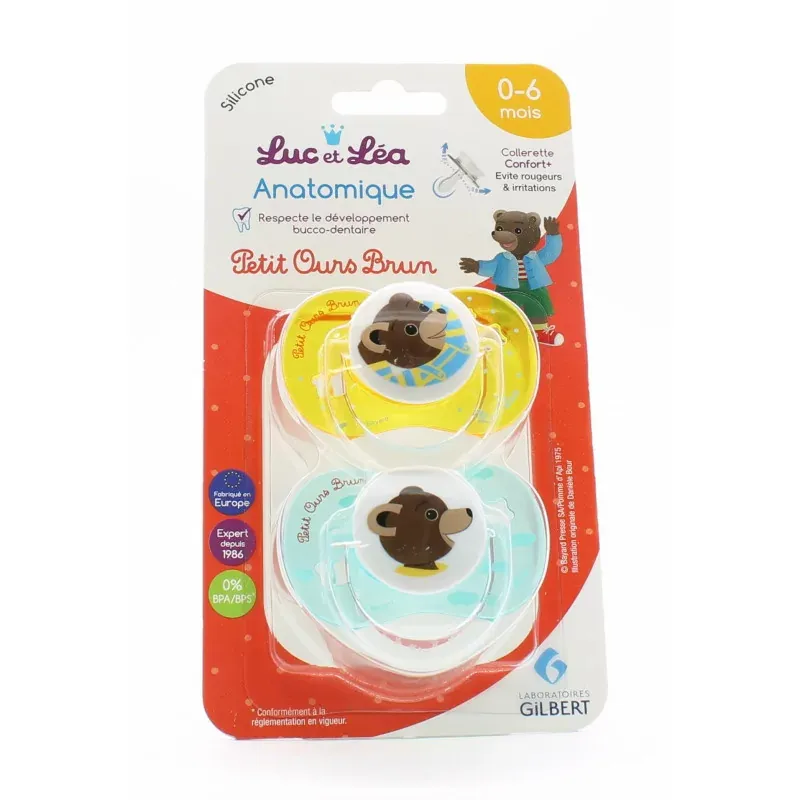Luc et Léa Sucette Anatomique 0-6mois Petit Ours Brun X2 - Univers Pharmacie