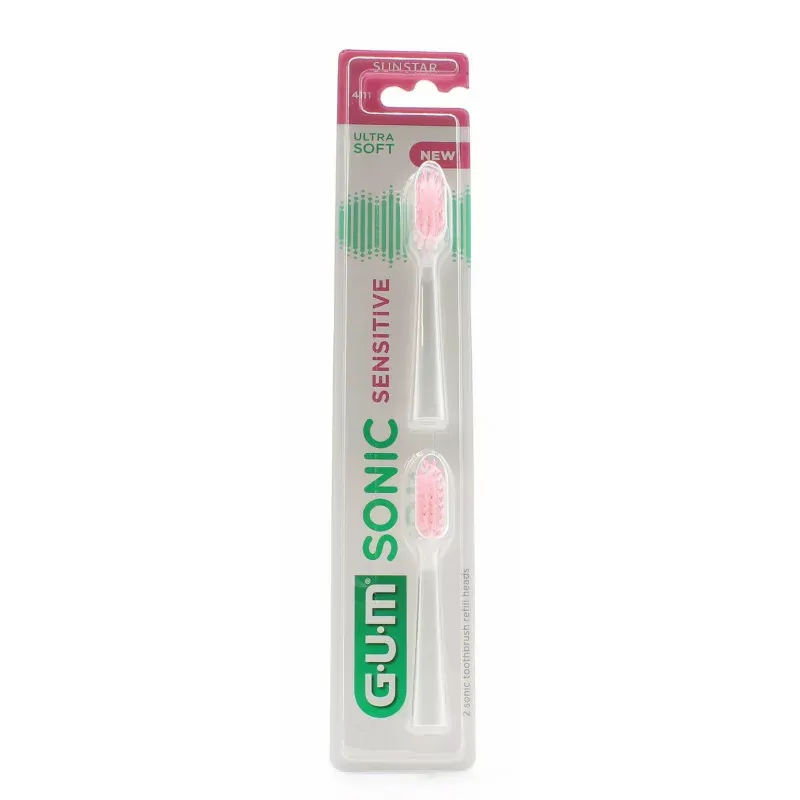 GUM Sonic Sensitive Têtes de Brosse Ultra Soft 4111 Blanc X2 - Univers Pharmacie