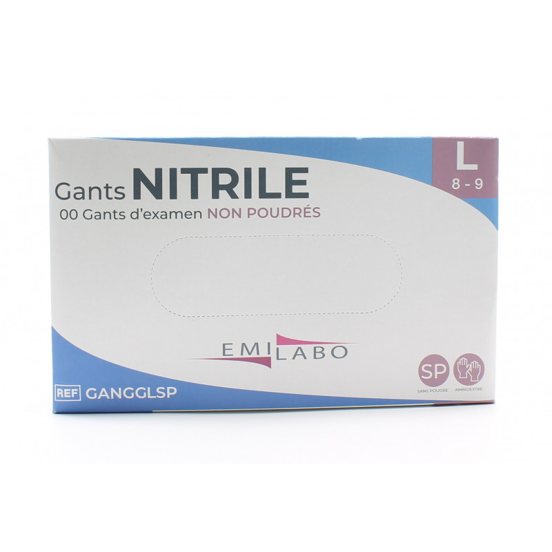 Emilabo Gants Nitrile Non Poudré Bleus Taille L X100 - Univers Pharmacie