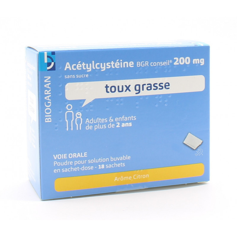 Biogaran Acétylcystéine 200mg Toux Grasse Arôme Citron 18 sachets - Univers Pharmacie