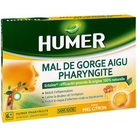 Humer Mal de Gorge Aigu Pharyngite Miel Citron 20 pastilles - Univers Pharmacie