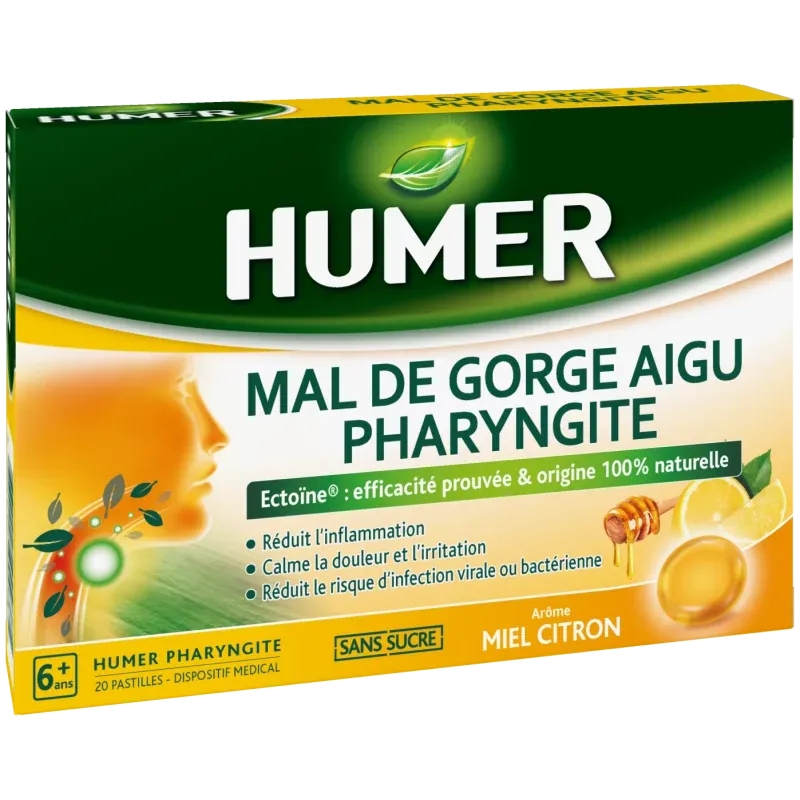 Humer Mal de Gorge Aigu Pharyngite Miel Citron 20 pastilles - Univers Pharmacie