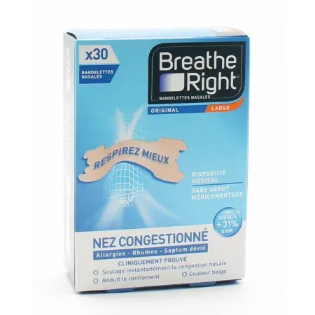 Breathe Right Bandelettes Nasales Nez Congestionné Large X30 - Univers Pharmacie