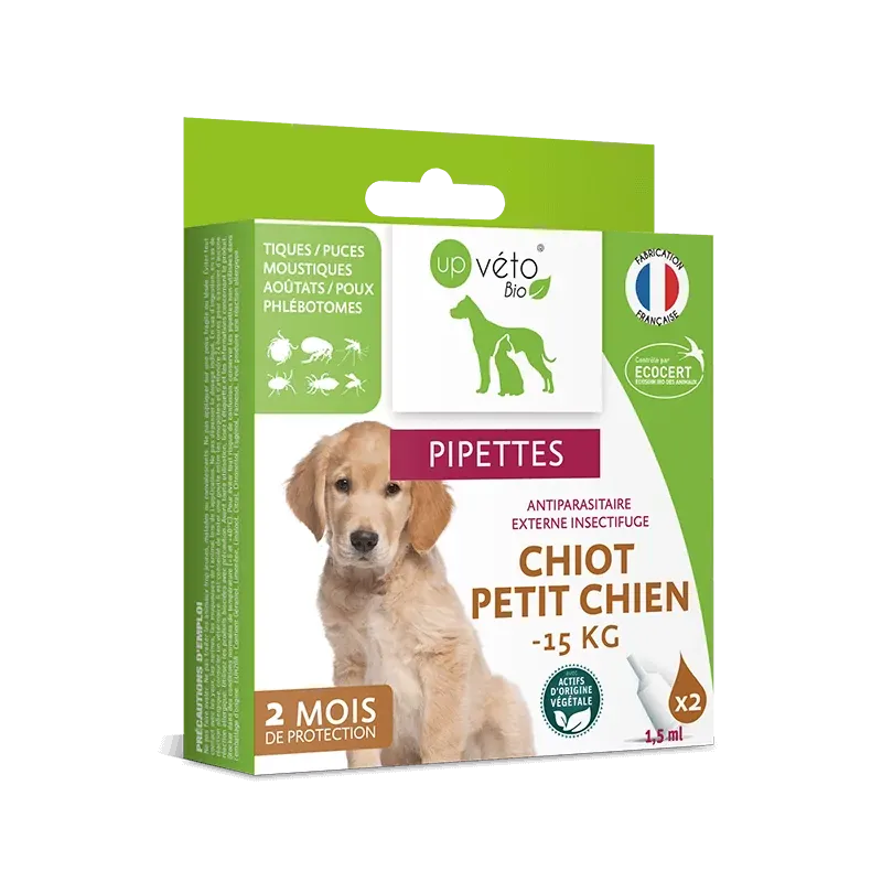 Up Véto Bio Pipettes Antiparasitaires Externes Insectifuge Chiot et Petit Chien -15kg 2X1,5ml - Univers Pharmacie