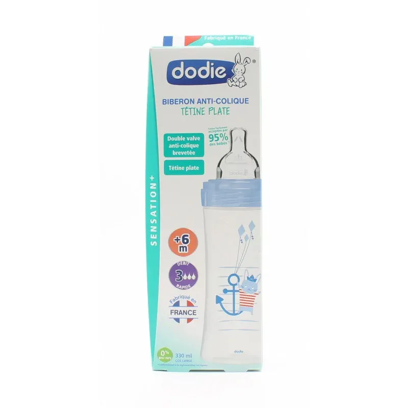 Dodie Biberon Anti-Colique Tétine Plate +6mois Lapin Matelot Bleu 330ml - Univers Pharmacie