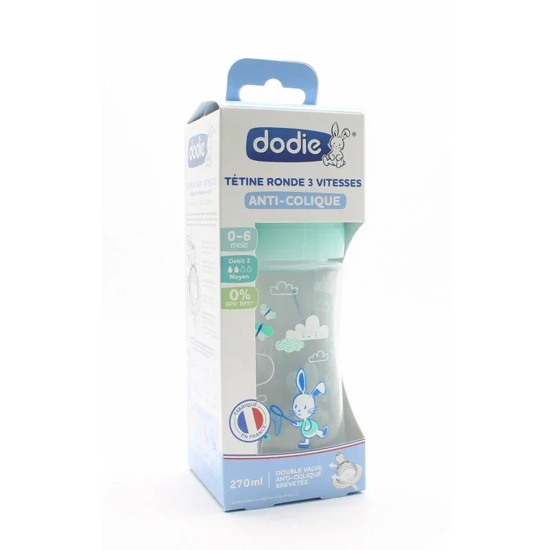 Dodie Biberon Anti-colique 3 Vitesses Tétine Ronde Vert 0-6mois 270ml - Univers Pharmacie