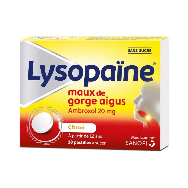 Lysopaïne Ambroxol 20mg Maux de Gorge Aigus 18 pastilles