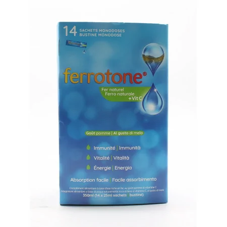 Ferrotone Fer Naturel + Vitamine C Goût Pomme 14x25ml - Univers Pharmacie