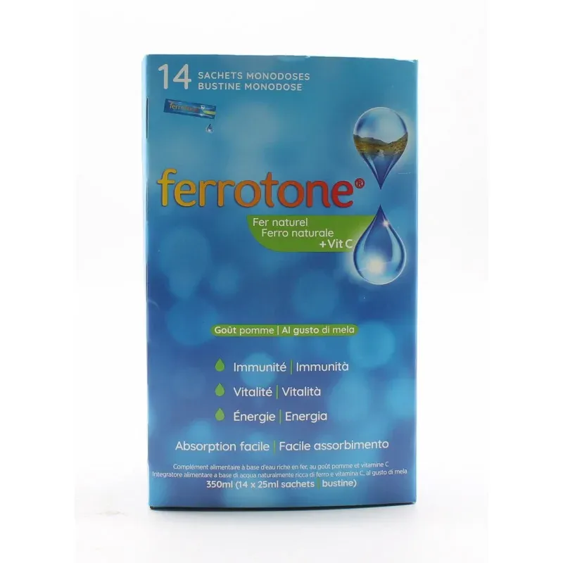 Ferrotone Fer Naturel + Vitamine C Goût Pomme 14x25ml - Univers Pharmacie