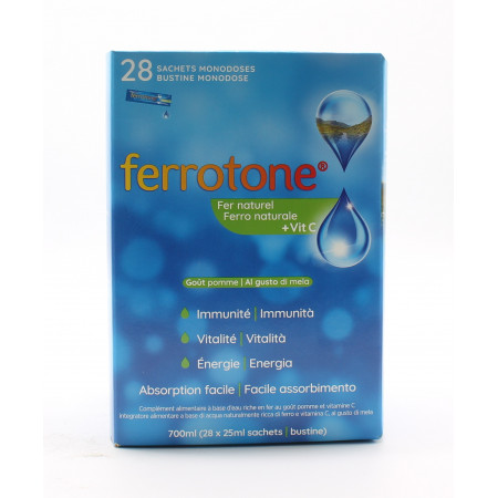 Ferrotone Fer Naturel + Vitamine C Goût Pomme 28x25ml - Univers Pharmacie