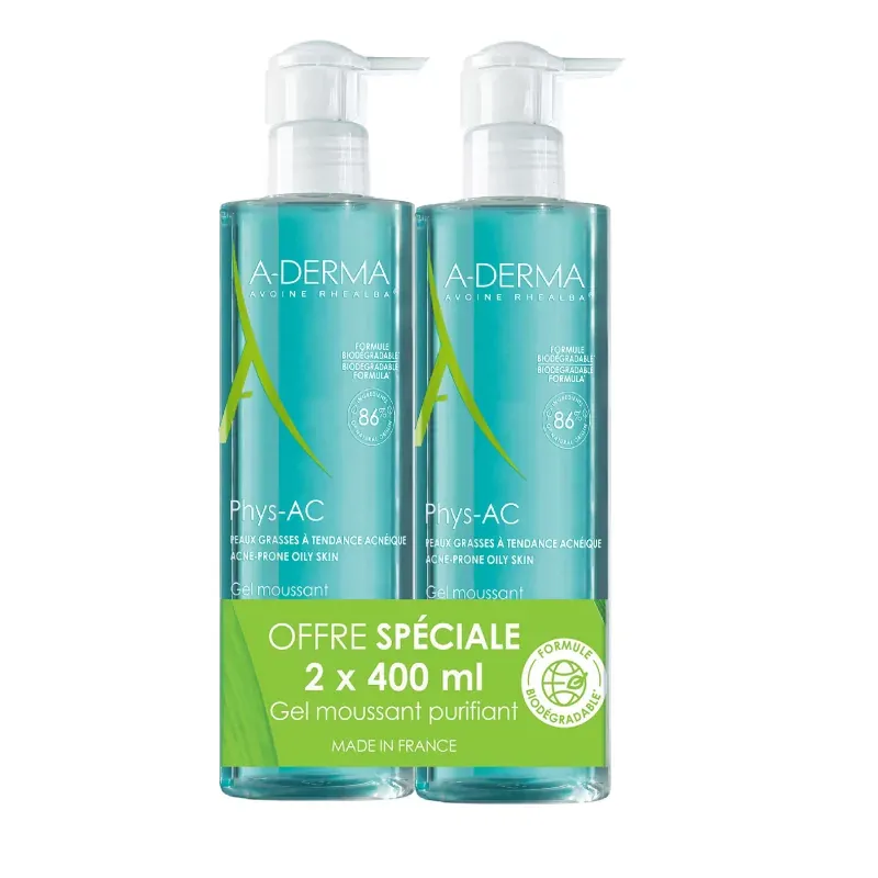 A-Derma Phys-AC Gel Moussant Purifiant 2X400ml - Univers Pharmacie