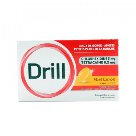 Drill Maux de Gorge Miel Citron Sans Sucre 24 pastilles - Univers Pharmacie
