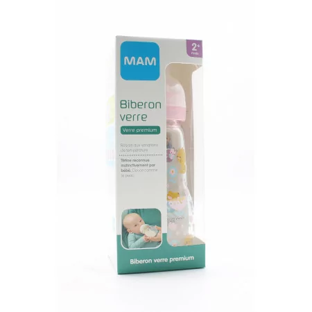 MAM Biberon Verre Premium 2+mois Rose Bonbon 260ml - Univers Pharmacie