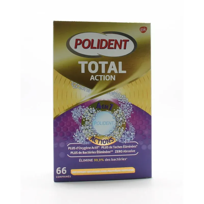 Polident Total Action 4 en 1 Nettoyant Quotidien pour Prothèse Dentaire 66 comprimés - Univers Pharmacie