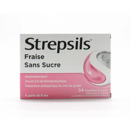 Strepsils Sans Sucre Fraise 24 pastilles