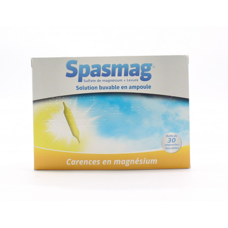 Spasmag Sulfate de Magnésium + Levure 30 ampoules - Univers Pharmacie