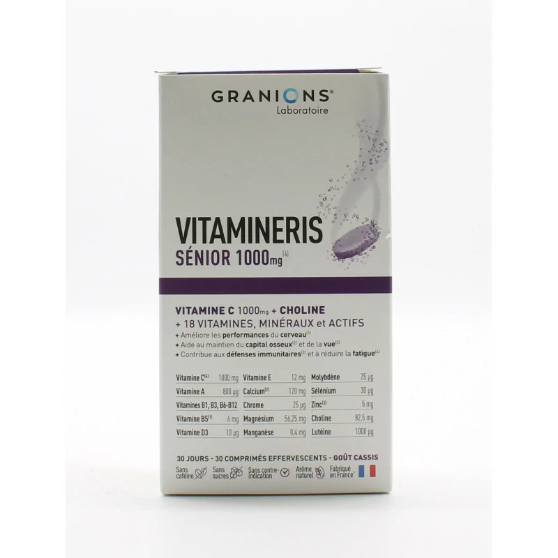 Granions Vitamineris Sénior 1000mg Goût Cassis 30 comprimés effervescents - Univers Pharmacie