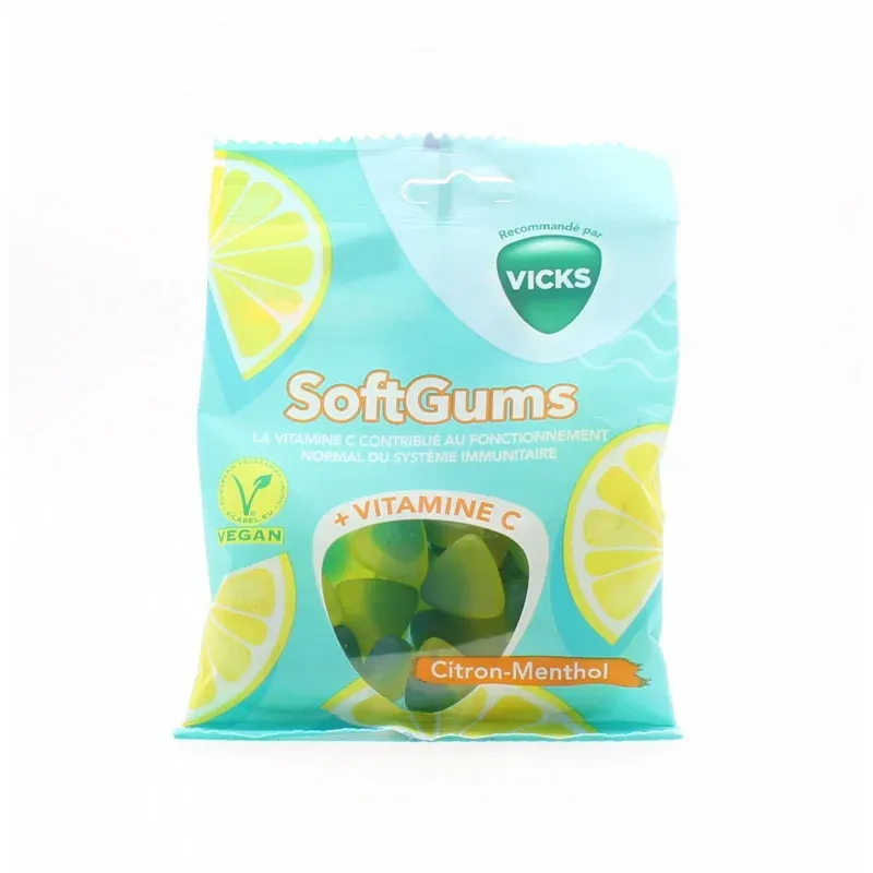 Vicks SoftGums +Vitamine C Bonbons Citron-Menthol 90g - Univers Pharmacie
