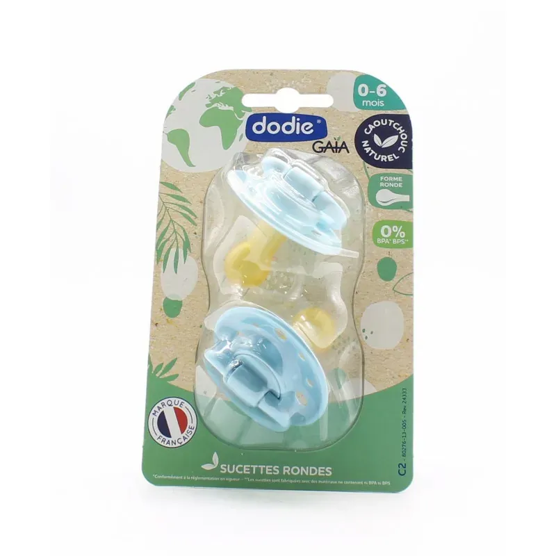 Dodie Gaia Sucette Ronde Bleue Caoutchouc Naturel 0-6 mois X2 - Univers Pharmacie