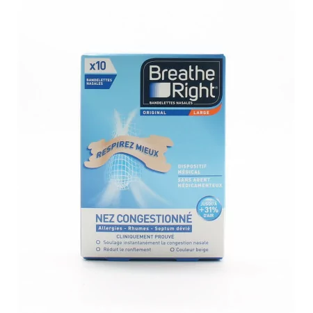 Breathe Right Bandelettes Nasales Nez Congestionné Large X10