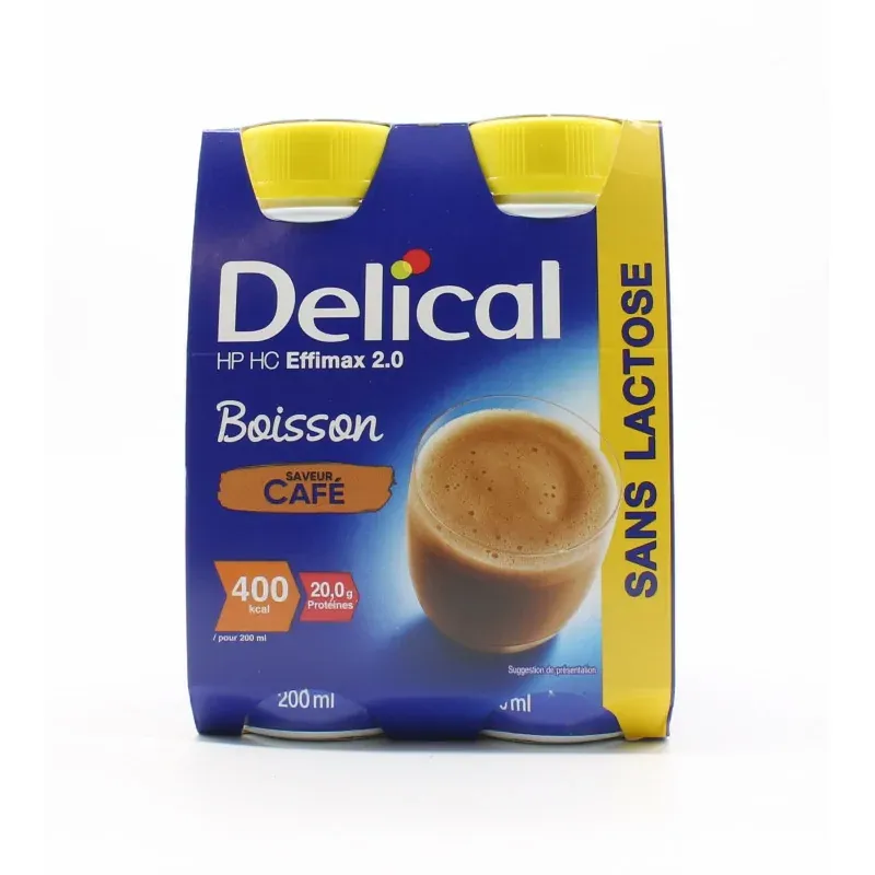 Delical HP HC Effimax 2.0 Boisson Sans Lactose Saveur Café 4X200ml - Univers Pharmacie