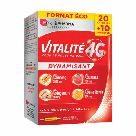 Forté Pharma Vitalité 4G Dynamisant 20 ampoules + 10 offertes - Univers Pharmacie