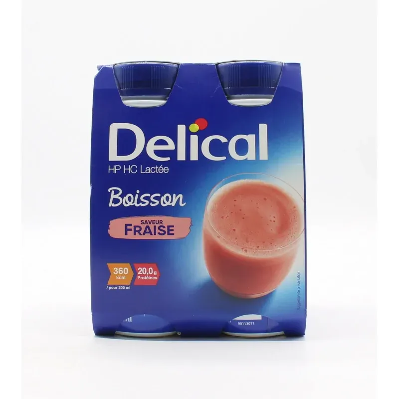 Delical HP HC Lactée Boisson Saveur Fraise 4X200ml - Univers Pharmacie