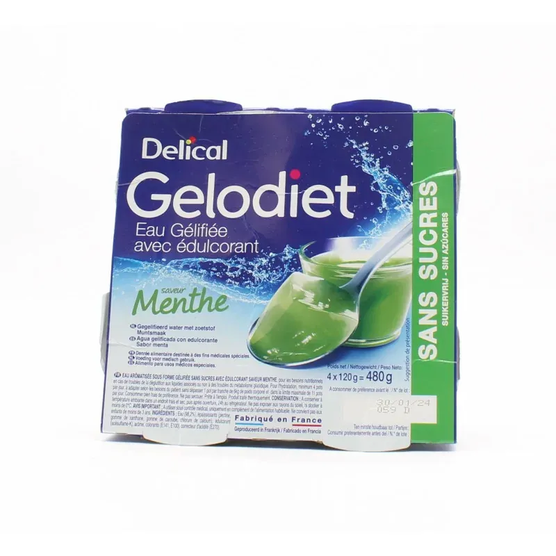 Delical Gelodiet Eau Gélifiée Saveur Menthe Sans Sucres 4X120g - Univers Pharmacie