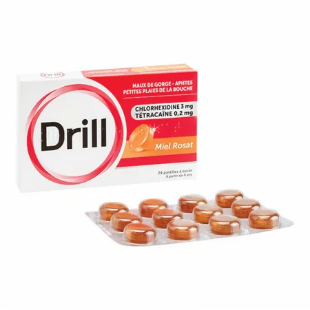 Drill Miel Rosat Maux de Gorge 24 pastilles à sucer - Univers Pharmacie