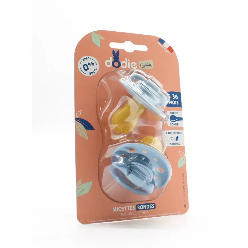Dodie Gaia Sucette Ronde Bleue Caoutchouc Naturel 6-36 mois X2 - Univers Pharmacie