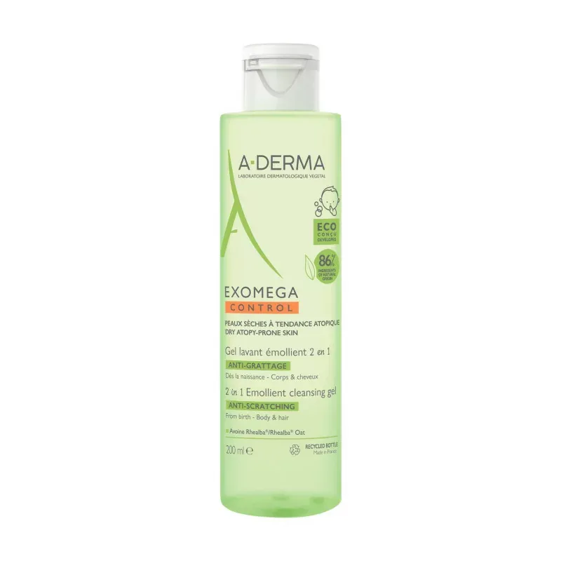 A-Derma Exomega Control Gel Lavant Emollient Corps et Cheveux 200ml - Univers Pharmacie