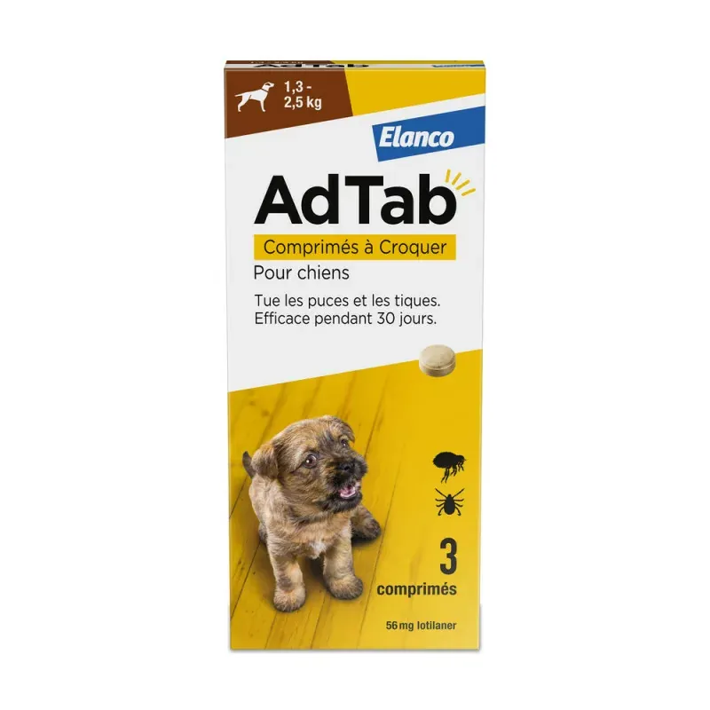 Elanco AdTab 56mg Chien 1,3-2,5kg 3 comprimés - Univers Pharmacie