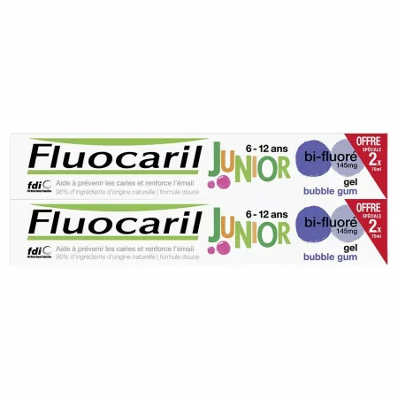 Fluocaril Junior Dentifrice Gel Bubble Gum 6-12 ans 2X75ml - Univers Pharmacie