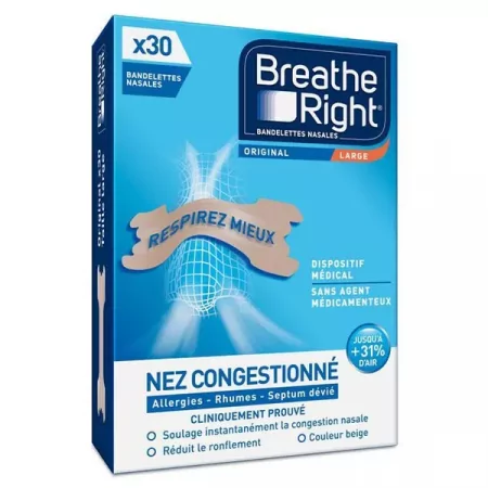 Breathe Right Bandelettes Nasales Nez Congestionné Large X30 - Univers Pharmacie