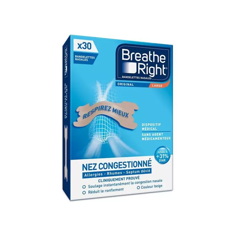Breathe Right Bandelettes Nasales Nez Congestionné Large X30 - Univers Pharmacie